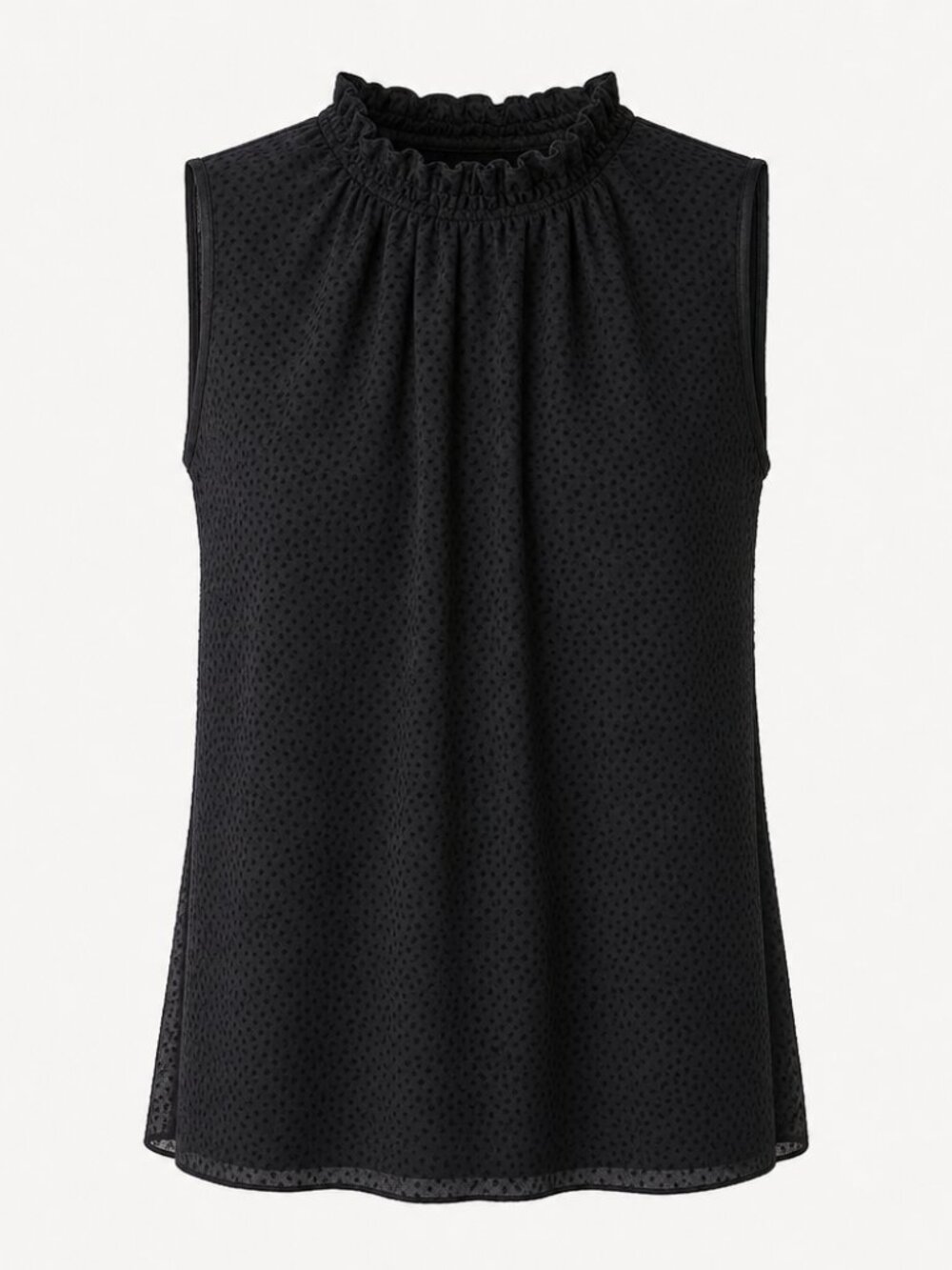 LOFT Girly Witchy Dressy Black Flocked Dot Sleeveless Ruffle Neck Blouse XS